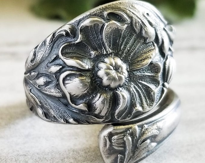 Poppy Silver Spoon Ring, Wild Poppy Sterling Spoon Ring, Vintage Flower Spoon Ring, Vintage Floral Spoon, Sterling Silver Spoon Ring, 724