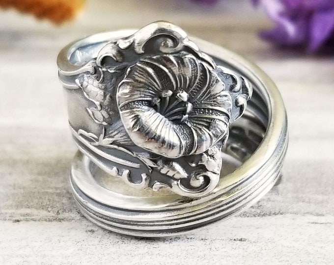 Morning Glory Sterling Wrap Ring, Spiral Bloom Ring, Bell Flower Ring, Vintage Silver  Ipomoea Ring, Flower Sterling Silver Spoon Ring, 117B
