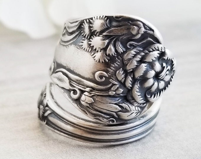 Sterling Peony Ring, Unique Paeonia, Antique Flower Ring, Adjustable Floral Ring, Handmade Bridesmaid Ring, Art Nouveau Sterling Ring, 992
