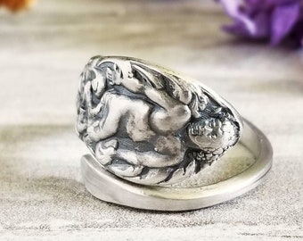 Sterling Greek God Pan Ring, Sterling Wilderness Ring, Greek Mythology Ring, Greek God Ring, Vintage Pagan Sterling Silver Spoon Ring, 753