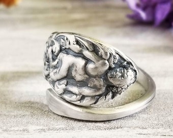 Olympus Pan Ring, Sterling Spoon Ring, Greek Mythology Spoon Ring, Greek God Ring, Vintage Spoon Jewelry, Sterling Silver Spoon Ring, 753