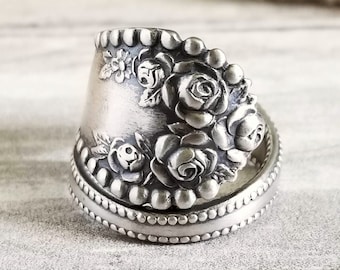 Gorham Triple Rose Bouquet Wrap Ring, Vintage Rose Ring, Antique Rose Jewelry, Sterling Rose Bloom Ring, Antique Rosa Flower Spoon Ring, 737