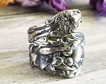 Lily Sterling Wrap Ring, Wildflower Ring, Vintage Floral Bloom Ring, Sterling Spring Blossom Spoon Ring, Elegant Antique Flower Ring, 744