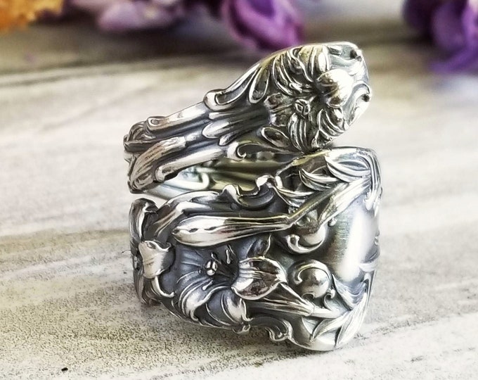 Lily Sterling Wrap Ring, Wildflower Ring, Vintage Floral Bloom Ring, Sterling Spring Blossom Spoon Ring, Elegant Antique Flower Ring, 744