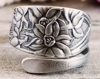 Silver Daffodil Wrap Ring, Floral Sterling Bloom Ring, Vintage Spring Ring, Silver Spoon Ring, Floral Ring Gift, Antique Flower Ring, 1656