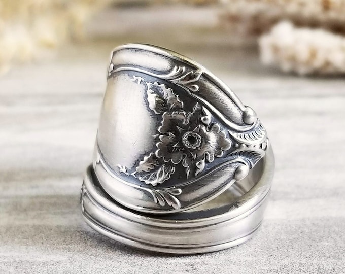 Wild Rose Floral Spoon Ring, Vintage Flower Ring, Sterling Spoon Ring, Vintage Spoon Jewelry, Antique Rose Sterling Silver Spoon Ring, 685
