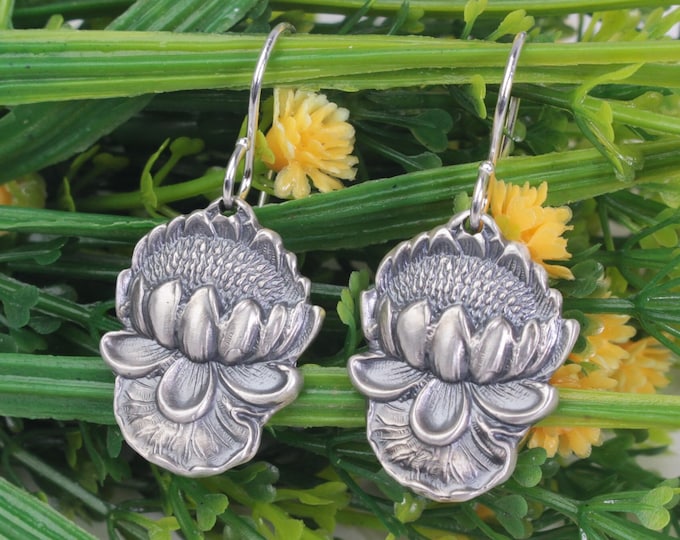 Sterling Lotus Dangle Earrings, Art Nouveau Waterlily Earrings, Dangle Flower Earrings, Silver Flower Earrings, Lotus Dangle Earrings, 142-A