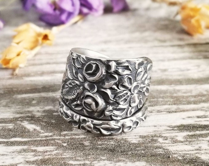 Rose Sterling Spoon Ring, Flower Spoon Ring, Vintage Spoon Ring, Vintage Spoon Jewelry, Sterling Silver Spoon Ring, Antique Floral Ring, 948