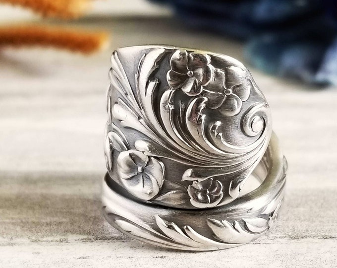 Floral Boho Statement Ring, Sterling Wildflower Ring, Vintage Rosa Canina Ring, Floral Spoon Jewelry, Art Nouveau Sterling Silver Ring, 474