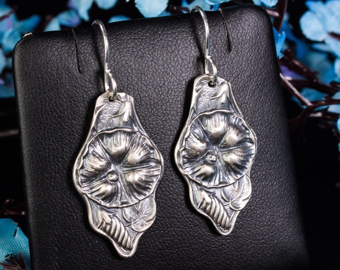 Morning Glory Sterling Earrings, Flower Silver Earrings, Dangle Floral Sterling Earrings, Art Nouveau Earrings, Bridesmaid Earrings 241-A