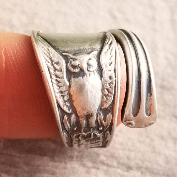 Owl Sterling Spoon Ring, Antique Owl Spoon Ring, Vintage Spoon Ring, Vintage Art Nouveau Bird Jewelry, Sterling Silver Owl Jewelry, 403