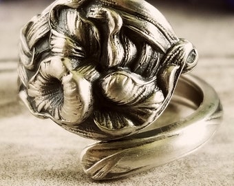 Orchid Sterling Spoon Ring, Antique Floral Spoon Ring, Vintage Spoon Ring, Vintage Spoon Jewelry, Unique Sterling Silver Spoon Ring, 751B