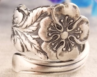 Apple Blossom Sterling Ring, Floral Spoon Ring, Art Nouveau Flower Jewelry, Fruit Blossom Ring, Nature Inspired, Silver Flower Ring 498