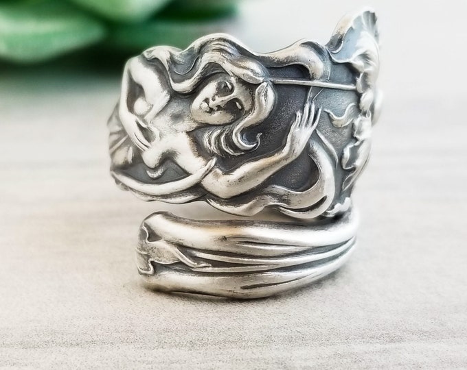 Rare Sterling Goddess Wrap Ring, Sterling Silver Goddess Ring, Antique Alvin Raphael Ring, 925 Antique Art Nouveau Spoon Ring, 352