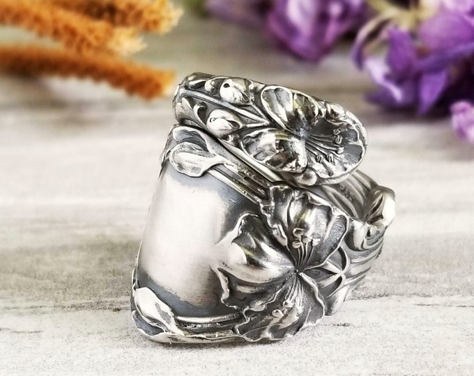 Sterling Poppy Bloom Ring, Sterling Floral Wrap Ring, Wildflower Vintage Ring, Vintage Flower Ring, Sterling Silver Flower Spoon Ring, 719