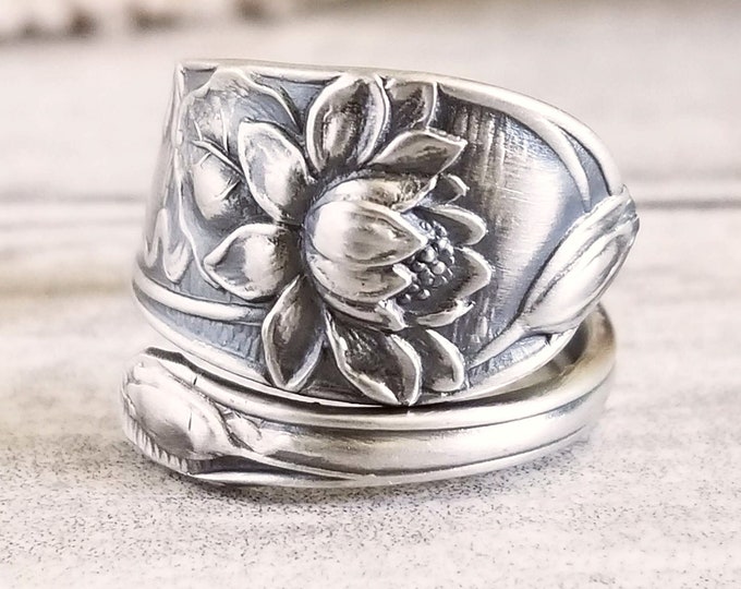 Sterling Lotus Spoon Ring, Waterlily Spoon Ring, Vintage Floral Spoon Ring, Vintage Flower Jewelry, Antique Sterling Silver Spoon Ring, 329