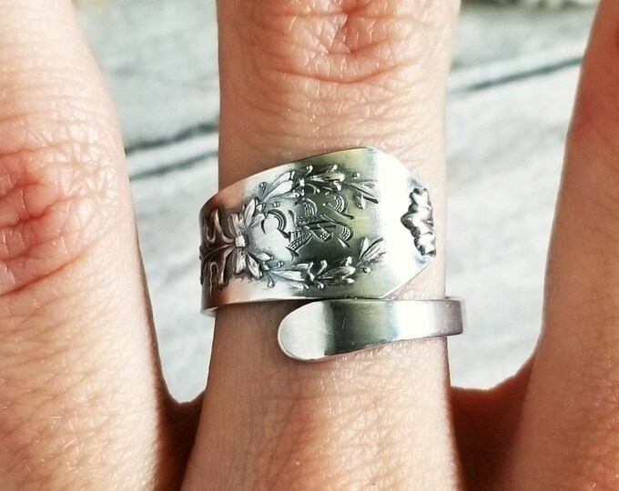 Sterling Ribbon Wrap Ring, Handmade Spiral Ring, Adjustable Vintage Ring, Vintage Bow Jewelry, Sterling Silver Spoon Ring, Spiral Ring, 834