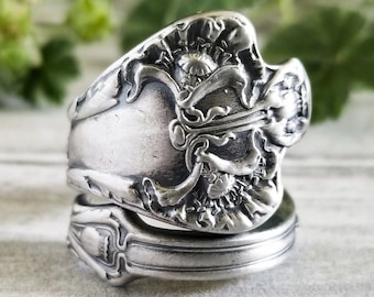 Art Noveau Poppy Ring, Floral Sterling Spoon Ring, Wildflower Vintage Spoon Ring, Vintage Flower Ring Gift, Sterling Silver Flower Ring, 414