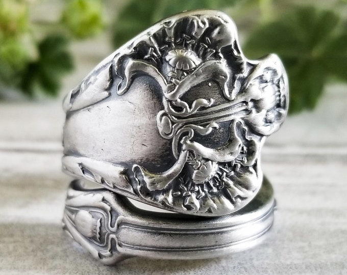Art Noveau Poppy Ring, Floral Sterling Spoon Ring, Wildflower Vintage Spoon Ring, Vintage Flower Ring Gift, Sterling Silver Flower Ring, 414