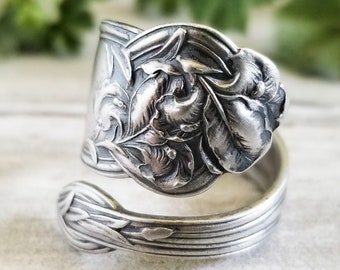 Spring Iris Flower Ring, Vintage Iris Floral Spoon Ring, Antique Sterling Spoon Ring, Sterling Spoon Ring, Art Nouveau Flower Ring, 110B