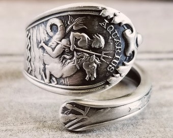 Aquarius Zodiac Ring, Sterling Silver Air Ring, Handmade Zodiac Spoon Ring, Aquarius Silver Spoon Ring, Handmade Gift, Tarot Jewelry,  832B
