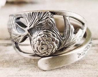 Dainty Pinecone Wrap Ring, Sterling Silver Art Nouveau Ring, Nature-Inspired Fall Ring, Pinecone Jewelry, Silver Pinecone Spoon Ring, 223B
