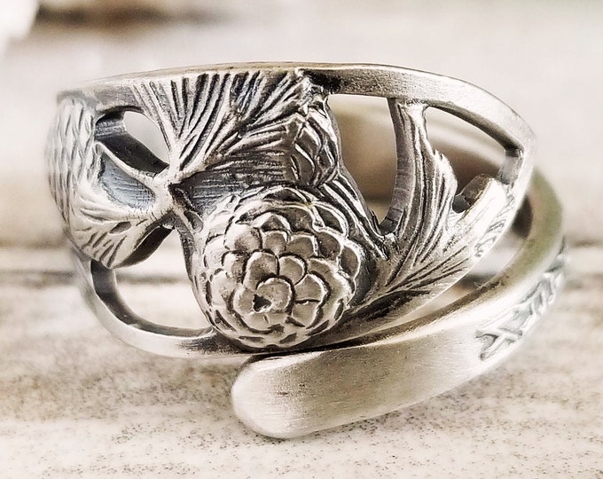 Dainty Pinecone Wrap Ring, Sterling Silver Art Nouveau Ring, Nature-Inspired Fall Ring, Pinecone Jewelry, Silver Pinecone Spoon Ring, 223B