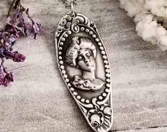 Antique Cameo Necklace, Sterling Silver Goddess Pendant, Vintage Sterling Silver Chain Necklace, Victorian Era Gifts, Art Deco Jewelry 1561P