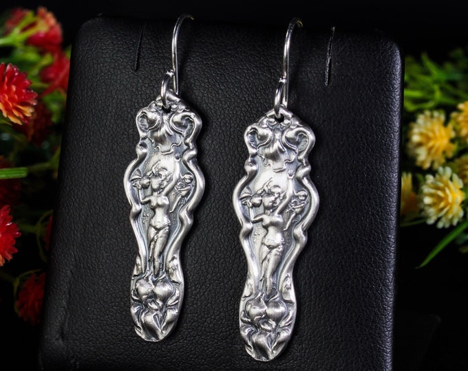 Dancing Goddess Dangle Earrings, Fairy Art Nouveau Sterling Silver, Goddess Silver Earrings, Fairy Earrings, Vintage Inspired Jewelry, 347A