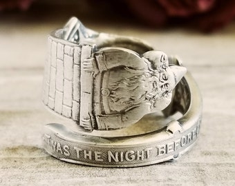 Unique Sterling Santa Ring, The Night Before Christmas Ring, Christmas Ring, Vintage Sterling Silver Adjustable Holiday Spoon Ring, 1668