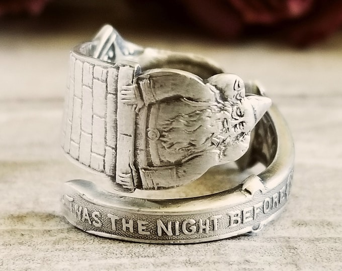 Unique Sterling Santa Ring, The Night Before Christmas Ring, Christmas Ring, Vintage Sterling Silver Adjustable Holiday Spoon Ring, 1668