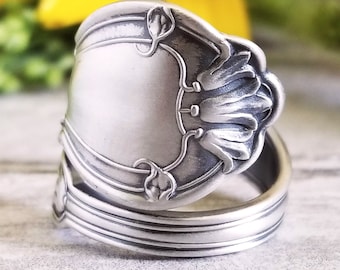 Sterling Bluebell Wrap Ring, Bluebell Flower Sterling Silver Spoon Ring, Vintage Floral Lily Ring, Antique Silver Flower Spoon Ring, 1140
