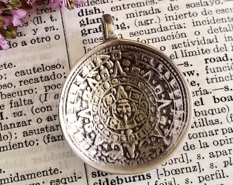 Sterling Mayan Calendar Necklace, Gold Mayan Sun Pendant, Silver Aztec Pendant, Aztec Calendar Stone Pendant, Mexican Silver Pendant