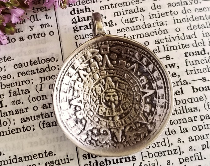 Sterling Mayan Calendar Necklace, Gold Mayan Sun Pendant, Silver Aztec Pendant, Aztec Calendar Stone Pendant, Mexican Silver Pendant