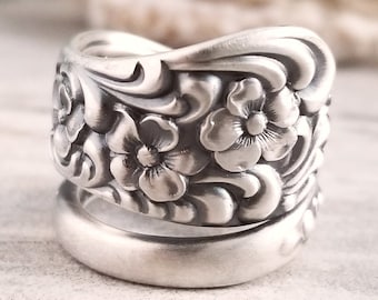 Rococco Forget-Me-Not Flower Ring, Art Nouveau Style Spoon Ring, Forget-Me-Not Jewelry, Bridal Spoon Ring, Bridesmaid Floral Ring 116A