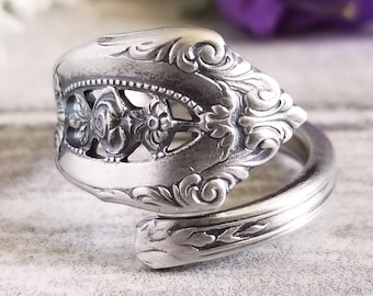 Rosepoint Sterling Wrap Ring, Boho Rose Spiral Ring, Vintage Silver Ring, Victorian Vintage Spoon Jewelry, Sterling Silver Spoon Ring, 1213