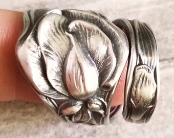 Sweet Pea Sterling Spoon Ring, Art Nouveau Spoon Ring, Floral Spoon Ring, Vintage Spoon Jewelry, Flower Sterling Silver Spoon Ring, 1399