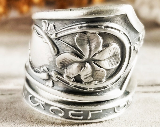 Good Luck Spoon Ring, Vintage Lucky Sterling Ring, Horseshoe Souvenir Ring, Vintage 4-Leaf Clover Spoon Ring, Wishbone Sterling Ring 786