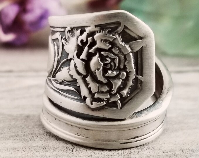 Antique Sterling Carnation Ring, Antique Flower Spoon Ring, Flower Spoon Ring, Floral Jewelry Gift, Art Nouveau Sterling Spoon Ring, 733