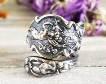 Goddess Spoon Ring, Sterling Goddess Ring, Silver Angel Ring, Decorative Spoon Ring, Vintage Art Nouveau Ring, Art Nouveau Spoon Ring, 347A
