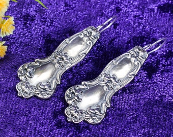 Sterling Spring Lily Earrings, Silver Dangle Earrings, Antique Art Nouveau Flower Earrings, Floral Boho Dangly Earrings, 257-E