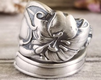 Tropical Lily Sterling Ring, Handmade Flower Ring, Wide Floral Spoon Ring, Lilies Spoon Jewelry, Unique Sterling Flower Spoon Ring, 1313