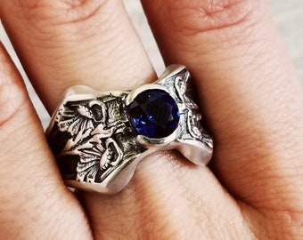 Unique Daisy & Sapphire Ring, Sterling Silver Sapphire Daisy Ring, Floral Ring with Sapphire, Handmade Sapphire Ring, Handmade Gift, 148R