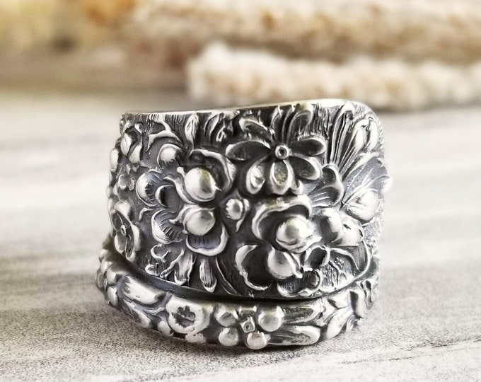 Flower Bouquet Sterling Wrap Ring, Vintage Floral Spiral Ring, Vintage Wildflower Ring, Sterling Silver Spoon Ring, Antique Floral Ring, 954
