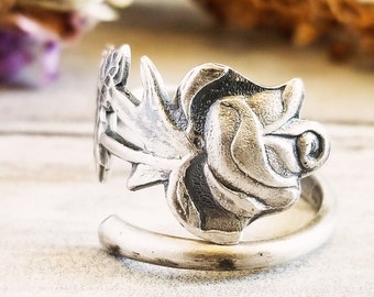Antique Rose Ring, Sterling Rose Spoon Ring, Vintage Rose Ring, Sterling Silver Rose Ring, Womens Rose Ring, Sterling Rose Jewelry, 665