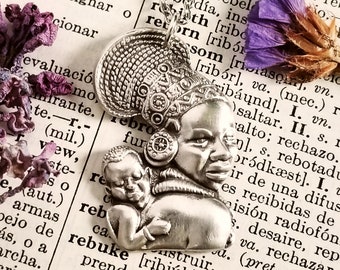 Handmade Mother and Child Pendant, Sterling Silver Goddess Necklace, African Queen Pendant, Antique Silver Pendant, Divine Feminine, 1937P