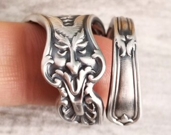 Green Man Spoon Ring, Vintage Forest Spirit Ring, Antique Sterling Silver Jewelry, Art Nouveau Nature Ring, Silver Pagan Jewelry, 107