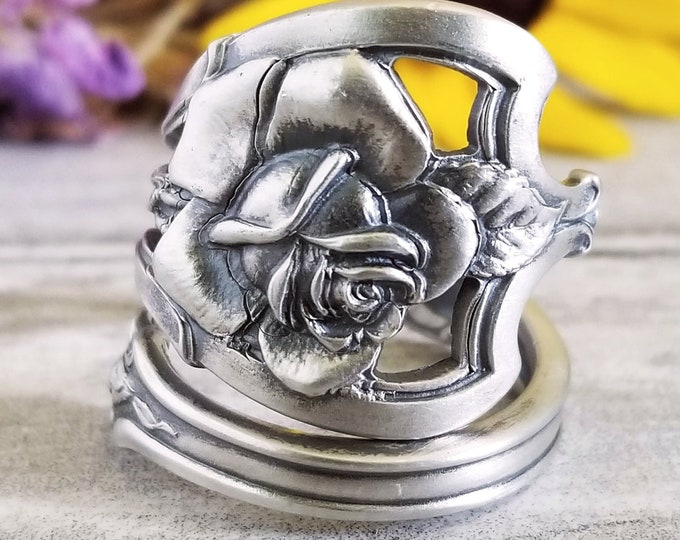 Antique Rose Sterling Silver Wrap Ring, Rose Floral Spiral Ring, Vintage Silver Anniversary Flower Blossom Ring, Sterling Spoon Ring, 854