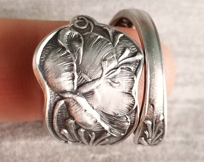 Poppy Silver Spoon Ring, Wild Poppy Sterling Spoon Ring, Vintage Flower Spoon Ring, Vintage Floral Spoon, Sterling Silver Spoon Ring, 806