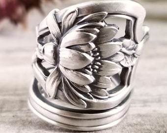 Sterling Lotus Bloom Ring, Water Lily Ring, Vintage Floral Bloom Ring, Vintage Flower Jewelry, Antique Sterling Silver Lotus Ring, 156